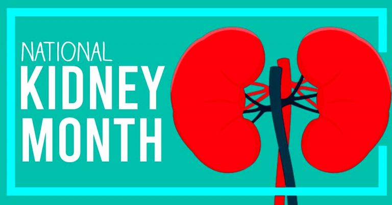 Illustration of two kidneys with text reading "National Kidney Month" on a teal background.